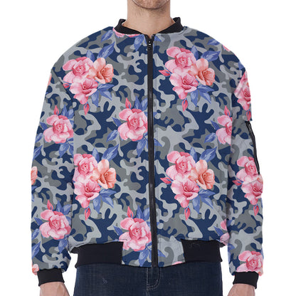 Pink Rose Flower Camouflage Print Zip Sleeve Bomber Jacket