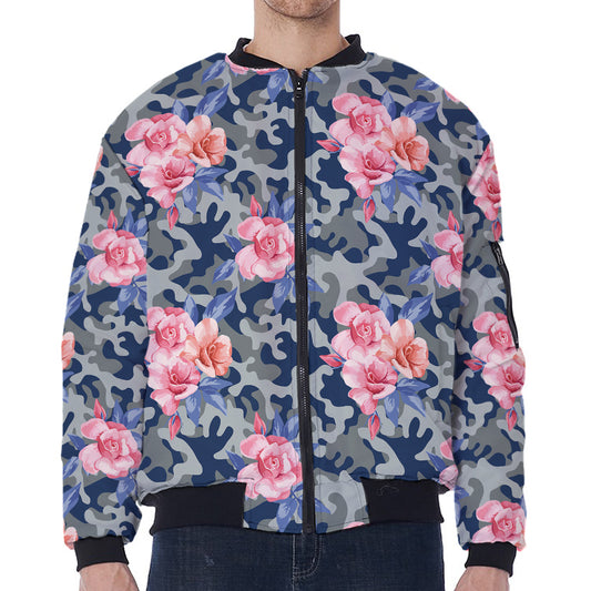Pink Rose Flower Camouflage Print Zip Sleeve Bomber Jacket