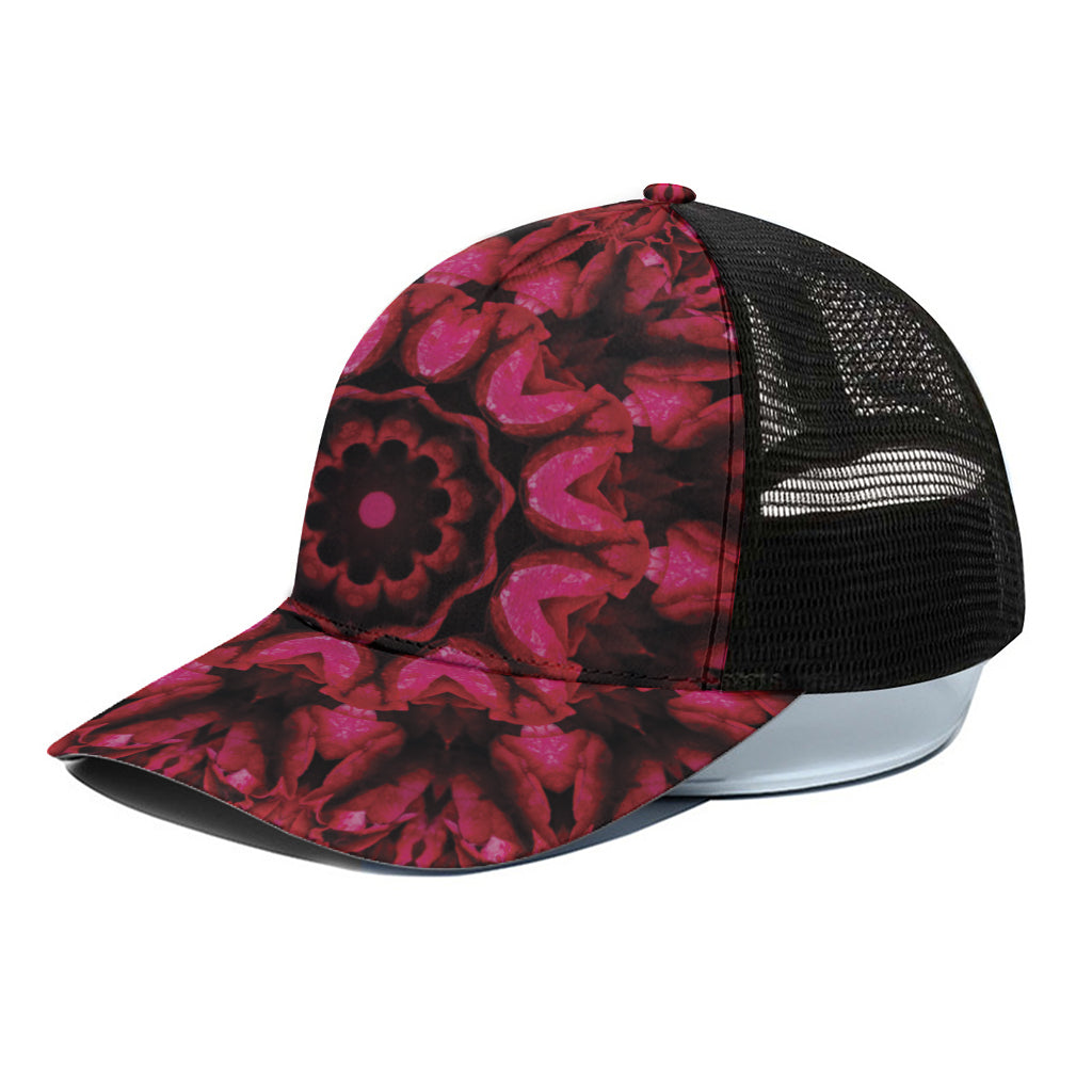 Pink Rose Kaleidoscope Print Black Mesh Trucker Cap