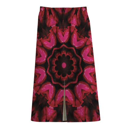 Pink Rose Kaleidoscope Print Cotton Front Slit Maxi Skirt