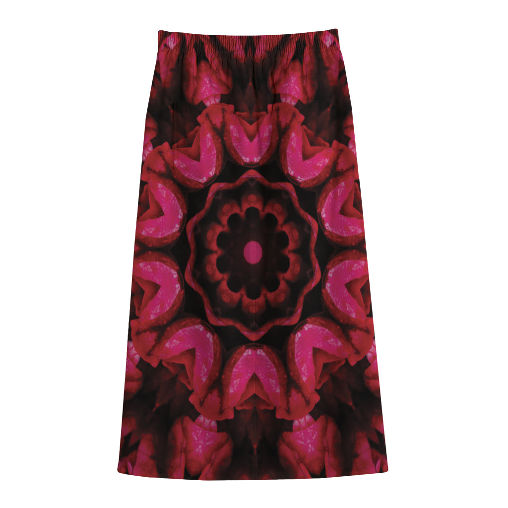 Pink Rose Kaleidoscope Print Cotton Front Slit Maxi Skirt