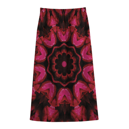 Pink Rose Kaleidoscope Print Cotton Front Slit Maxi Skirt