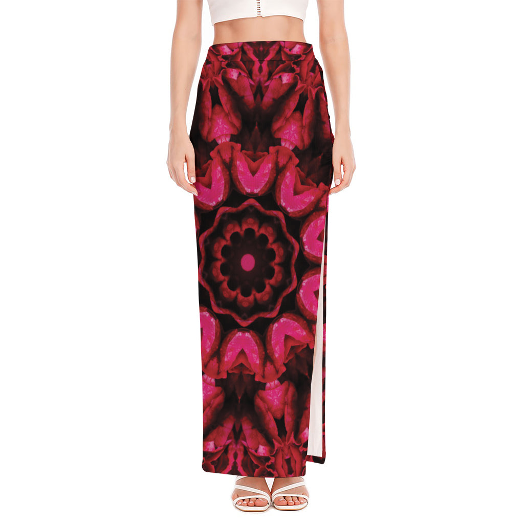 Pink Rose Kaleidoscope Print High Slit Maxi Skirt