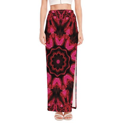 Pink Rose Kaleidoscope Print High Slit Maxi Skirt