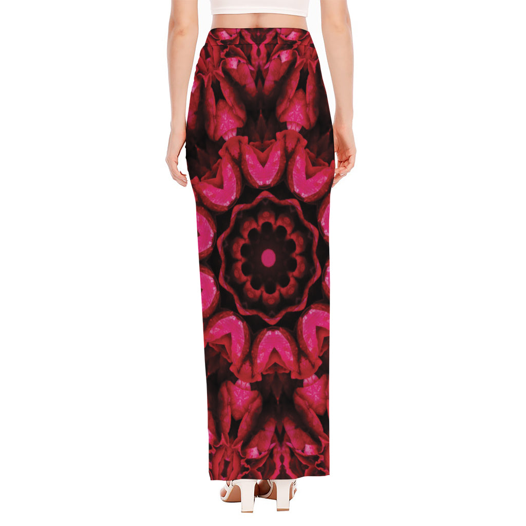 Pink Rose Kaleidoscope Print High Slit Maxi Skirt