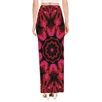 Pink Rose Kaleidoscope Print High Slit Maxi Skirt