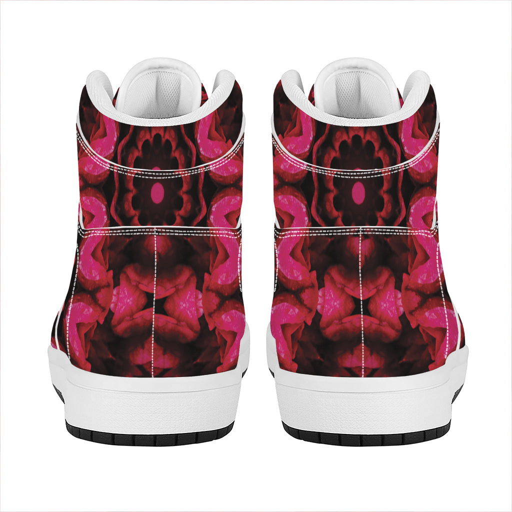 Pink Rose Kaleidoscope Print High Top Leather Sneakers