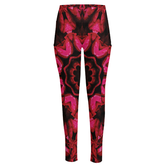 Pink Rose Kaleidoscope Print High-Waisted Pocket Leggings