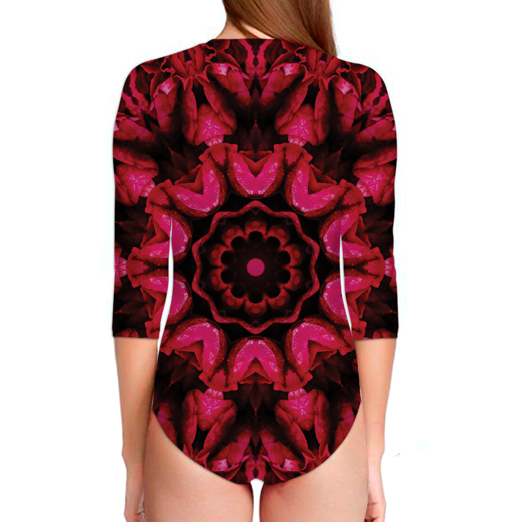 Pink Rose Kaleidoscope Print Long Sleeve Swimsuit