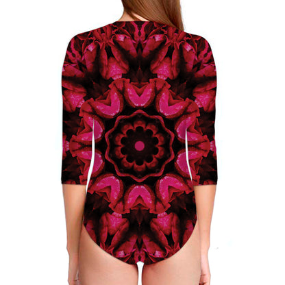 Pink Rose Kaleidoscope Print Long Sleeve Swimsuit