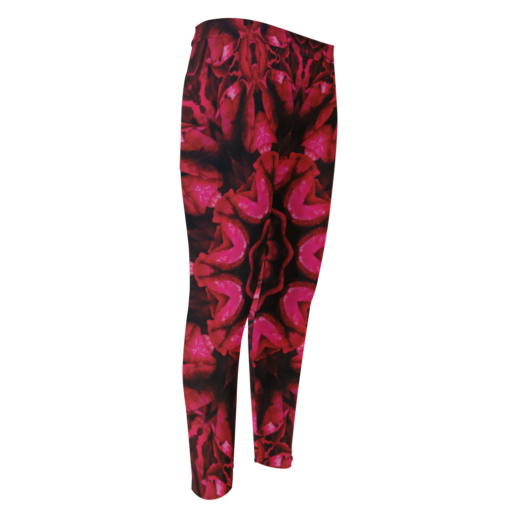 Pink Rose Kaleidoscope Print Men's Compression Pants