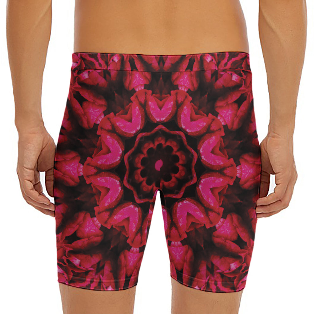 Pink Rose Kaleidoscope Print Men's Long Boxer Briefs