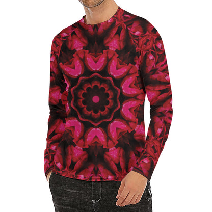 Pink Rose Kaleidoscope Print Men's Long Sleeve Rash Guard