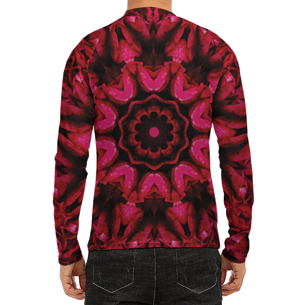 Pink Rose Kaleidoscope Print Men's Long Sleeve Rash Guard