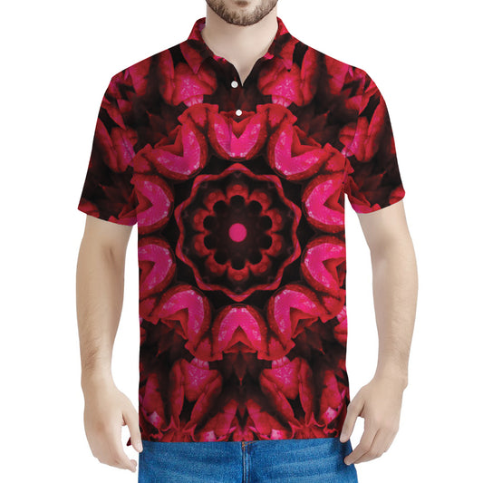 Pink Rose Kaleidoscope Print Men's Polo Shirt