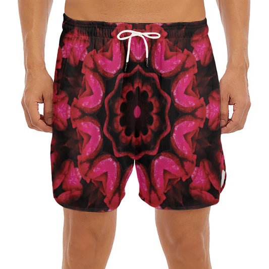 Pink Rose Kaleidoscope Print Men's Split Running Shorts