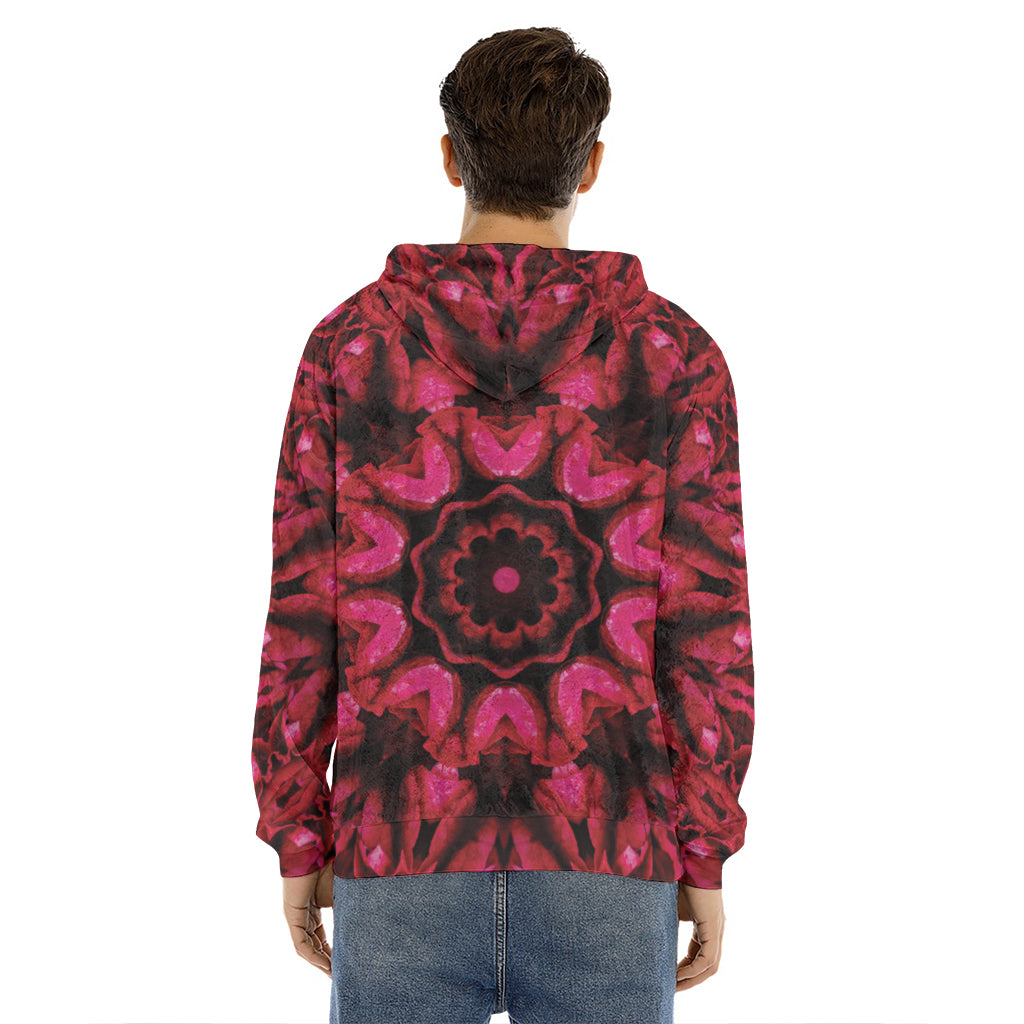 Pink Rose Kaleidoscope Print Men's Velvet Pullover Hoodie