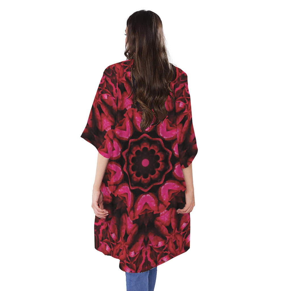 Pink Rose Kaleidoscope Print Open Front Beach Cover Up