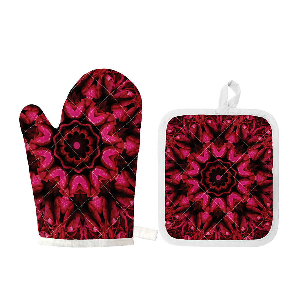 Pink Rose Kaleidoscope Print Oven Mitt And Pot Holder Set