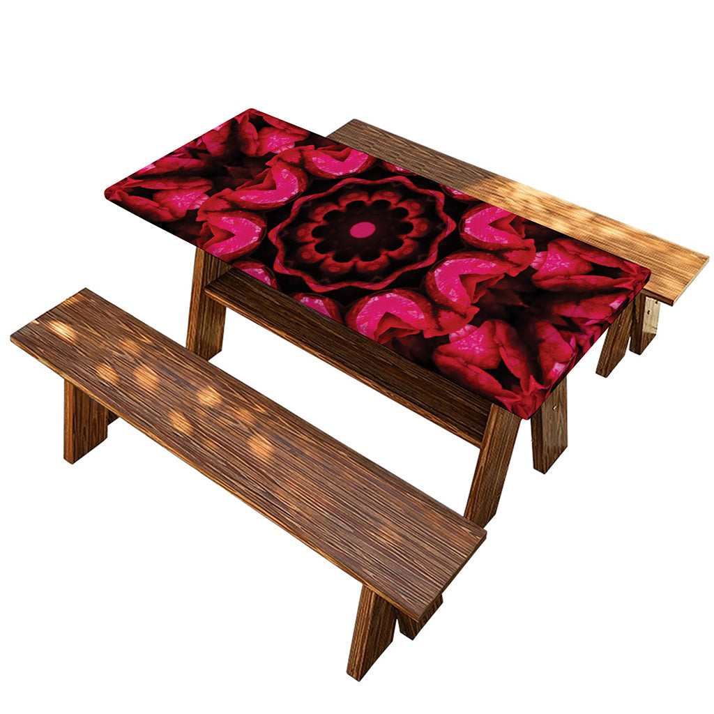 Pink Rose Kaleidoscope Print Picnic Table Cover