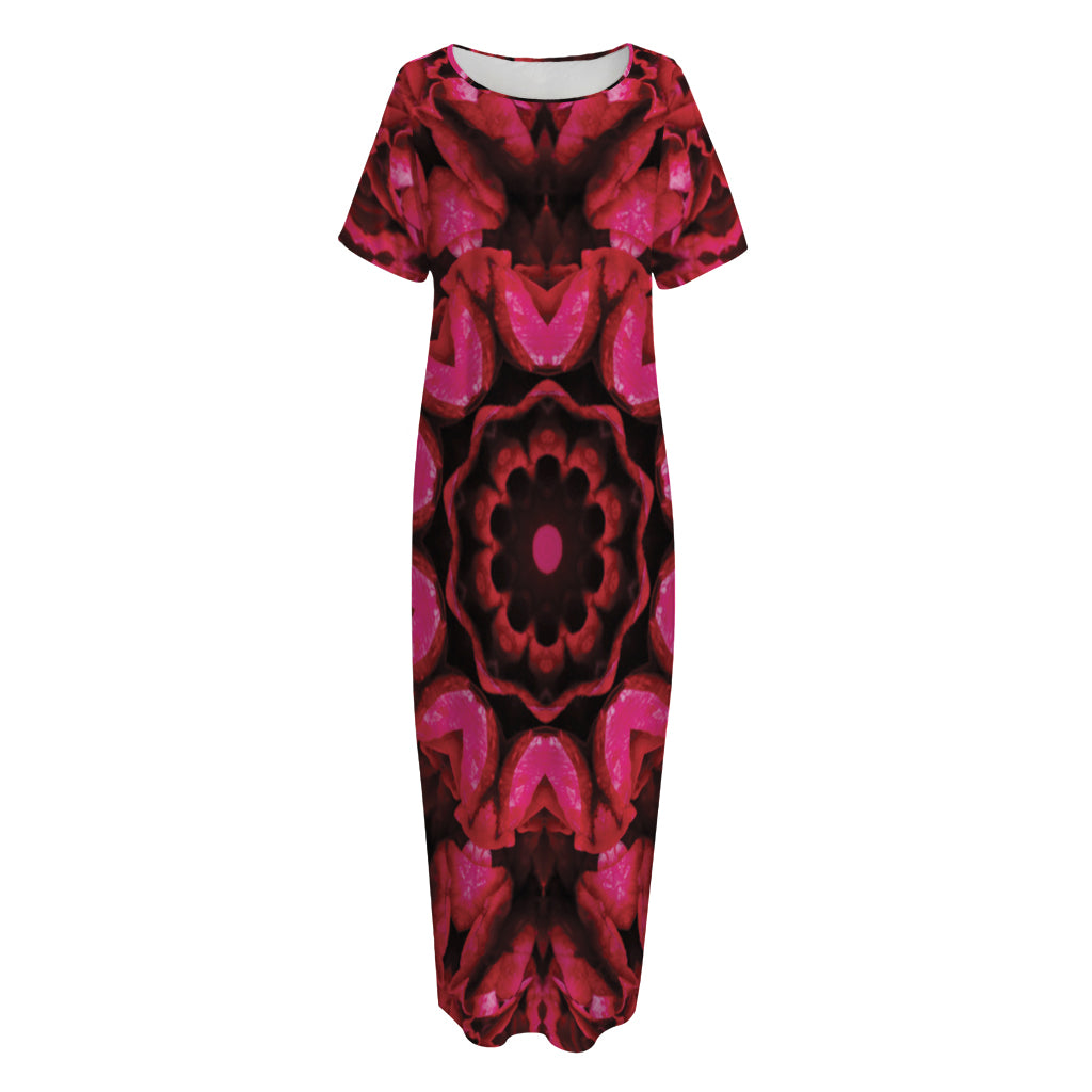 Pink Rose Kaleidoscope Print Short Sleeve Long Nightdress