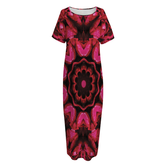 Pink Rose Kaleidoscope Print Short Sleeve Long Nightdress