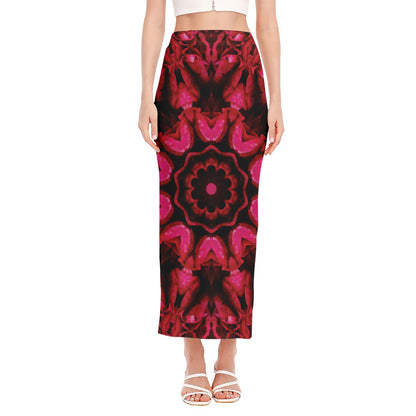 Pink Rose Kaleidoscope Print Side Slit Maxi Skirt