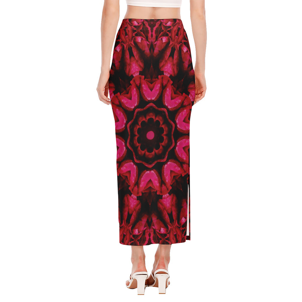 Pink Rose Kaleidoscope Print Side Slit Maxi Skirt