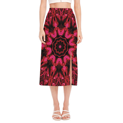 Pink Rose Kaleidoscope Print Side Slit Midi Skirt