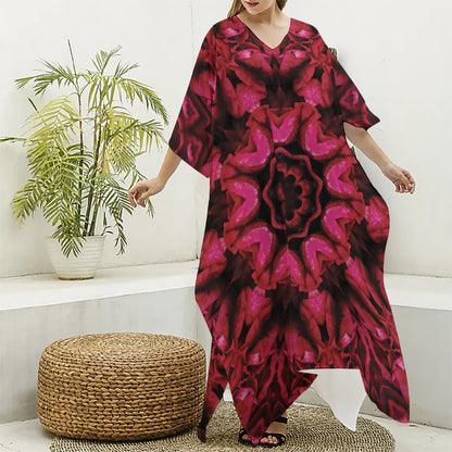 Pink Rose Kaleidoscope Print Silk V-Neck Kaftan Dress