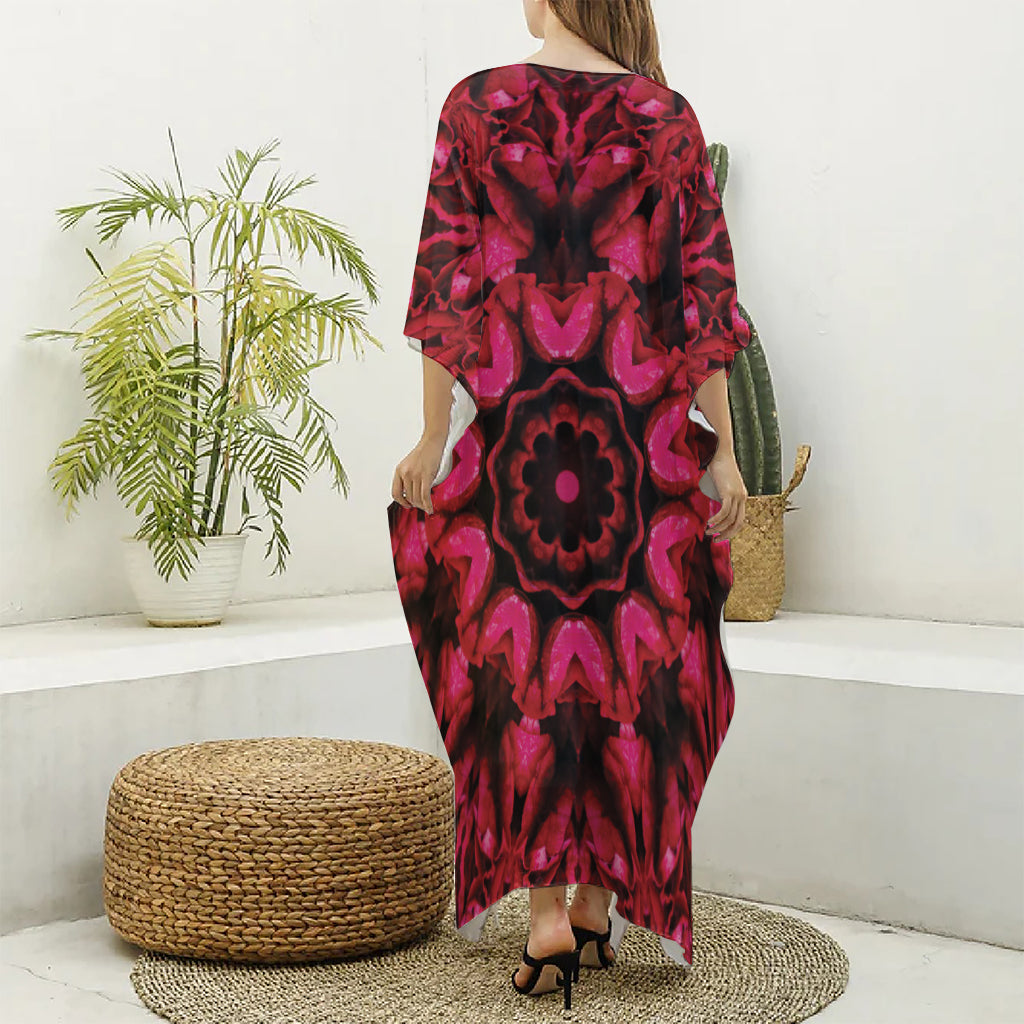 Pink Rose Kaleidoscope Print Silk V-Neck Kaftan Dress