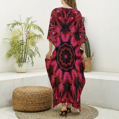 Pink Rose Kaleidoscope Print Silk V-Neck Kaftan Dress