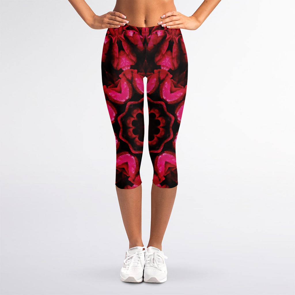 Pink Rose Kaleidoscope Print Women's Capri Leggings