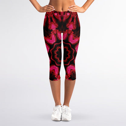 Pink Rose Kaleidoscope Print Women's Capri Leggings