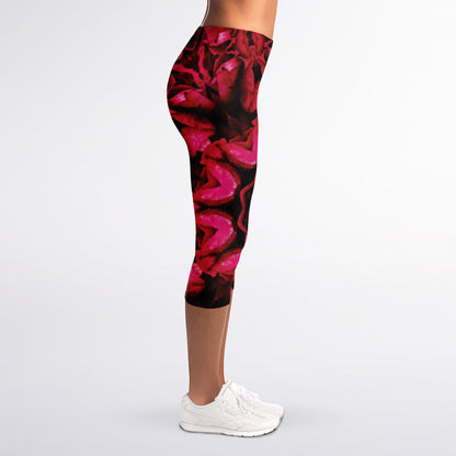 Pink Rose Kaleidoscope Print Women's Capri Leggings