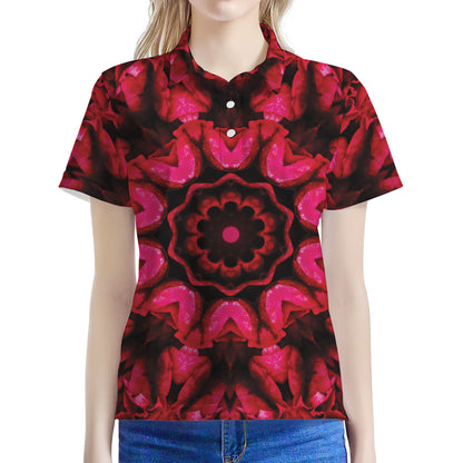 Pink Rose Kaleidoscope Print Women's Polo Shirt