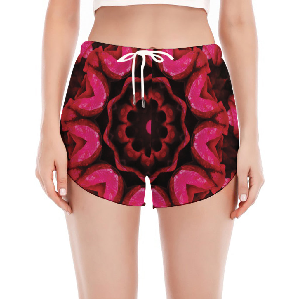 Pink Rose Kaleidoscope Print Women's Split Running Shorts