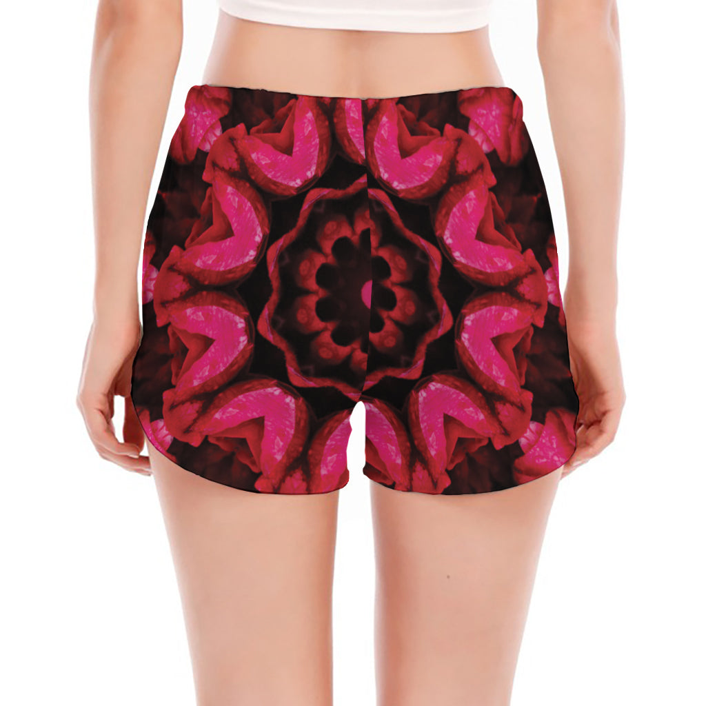 Pink Rose Kaleidoscope Print Women's Split Running Shorts