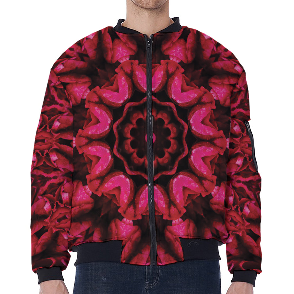Pink Rose Kaleidoscope Print Zip Sleeve Bomber Jacket