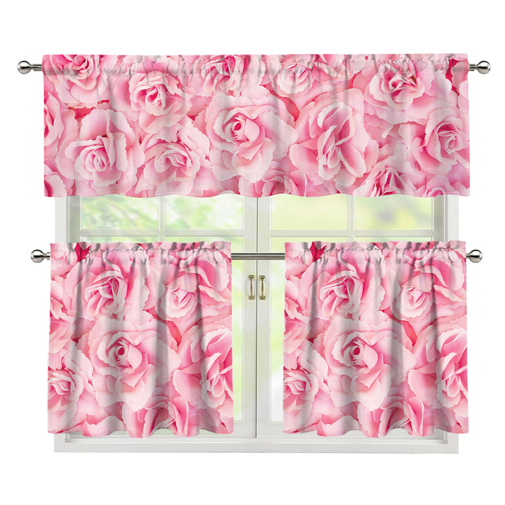 Pink Rose Print 3 Piece Kitchen Curtains