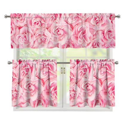 Pink Rose Print 3 Piece Kitchen Curtains