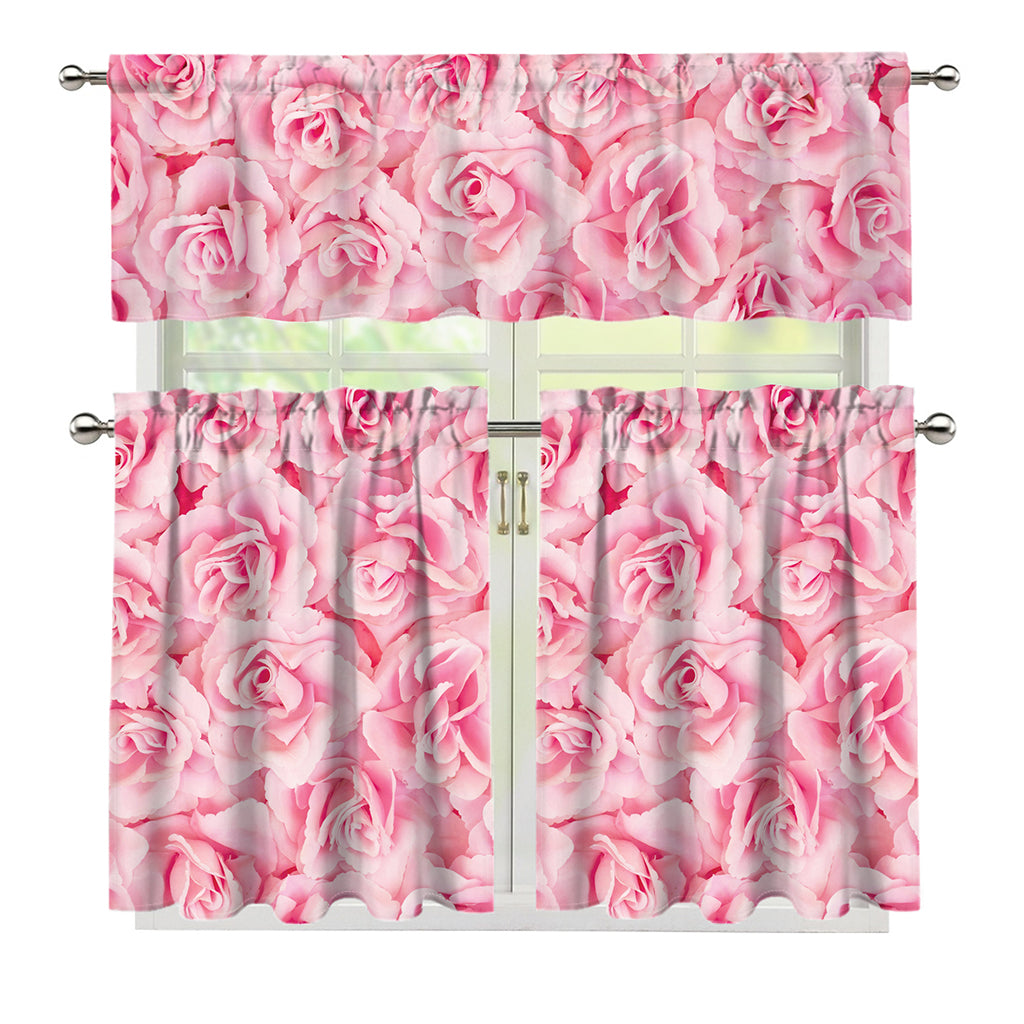 Pink Rose Print 3 Piece Kitchen Curtains