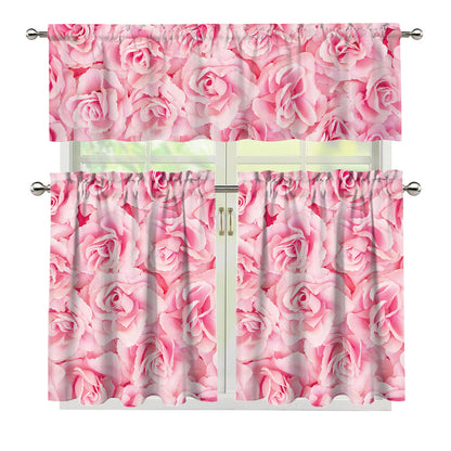 Pink Rose Print 3 Piece Kitchen Curtains