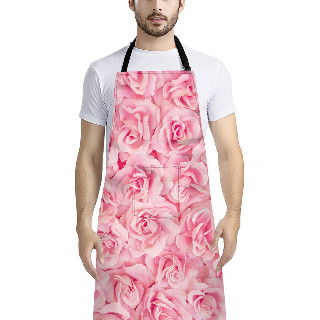Pink Rose Print Bib Apron With Pocket