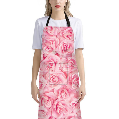 Pink Rose Print Bib Apron With Pocket