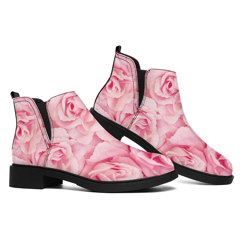 Pink Rose Print Flat Ankle Boots