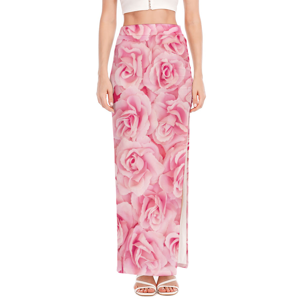 Pink Rose Print High Slit Maxi Skirt