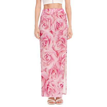 Pink Rose Print High Slit Maxi Skirt