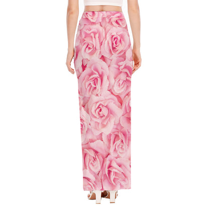 Pink Rose Print High Slit Maxi Skirt