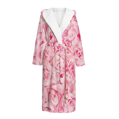 Pink Rose Print Hooded Bathrobe